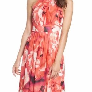 Eliza J Pleated Maxi Halter Dress Chiffon Floral Print Size 14 Summer Vacation